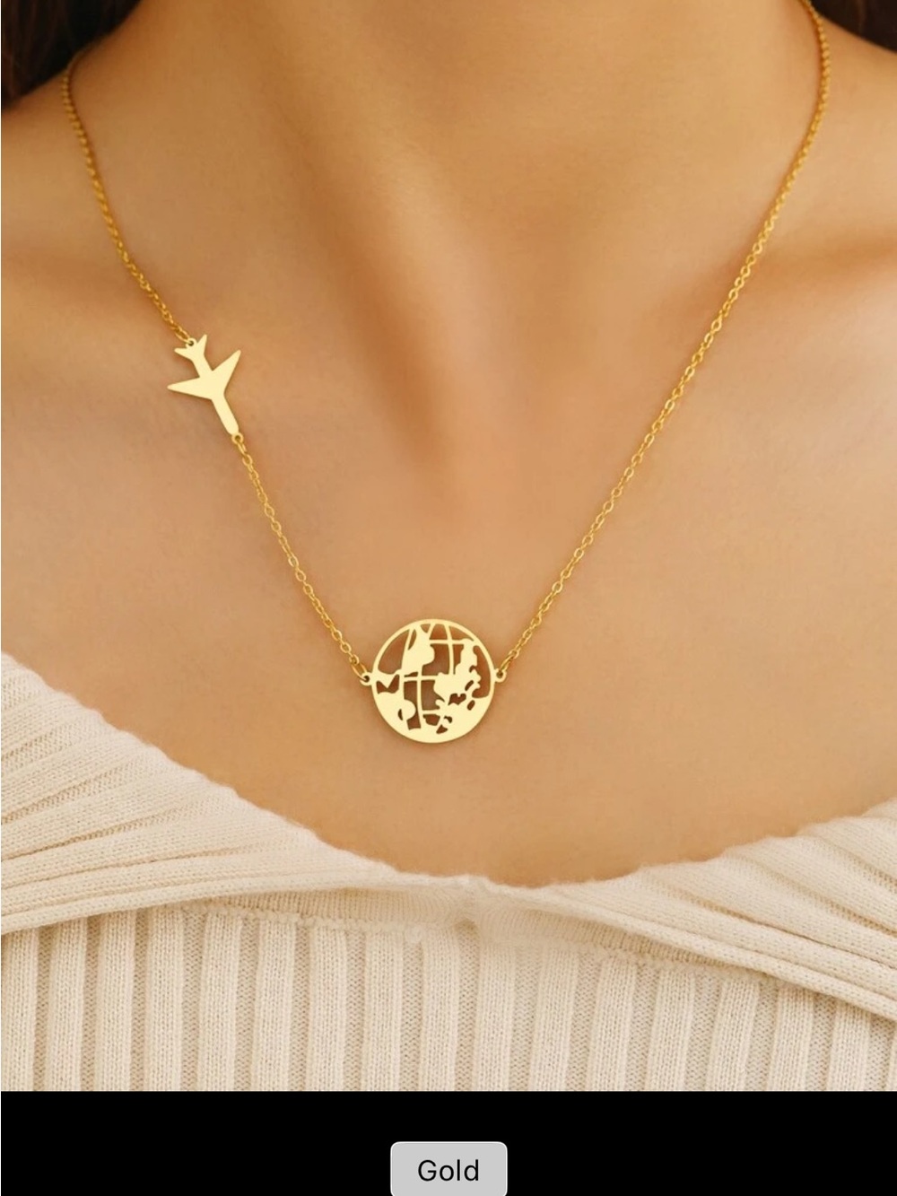 Gold World Map & Airplane Pendant Necklace